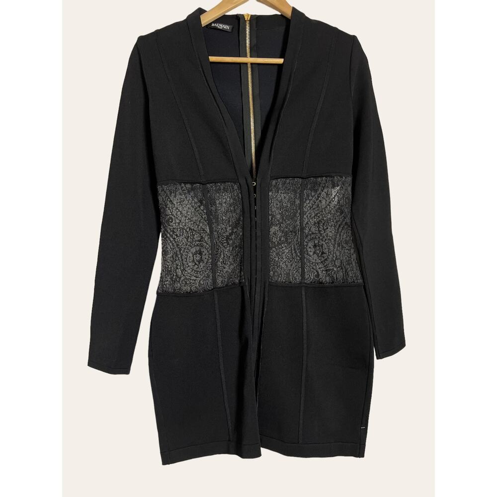 BALMAIN Black Paisley Lace Long Sleeve Corset Mini Dress Size 6 - Picture 4 of 14